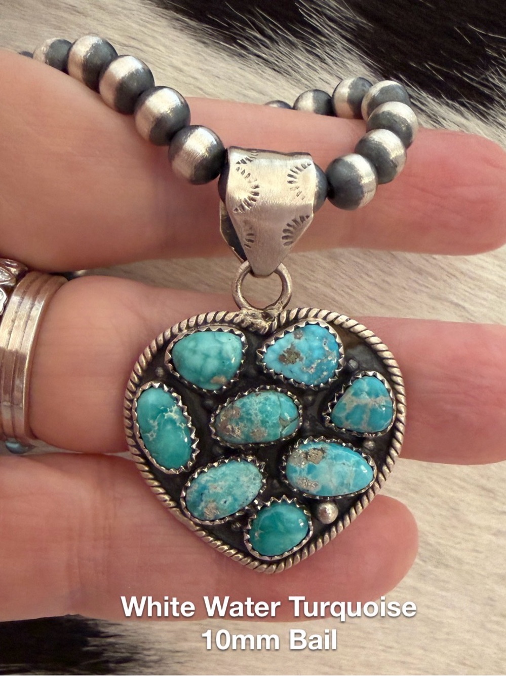 ❤️ White Water Turquoise 8 Stone Heart Cluster Matte Sterling Pendant 10mm Bail
